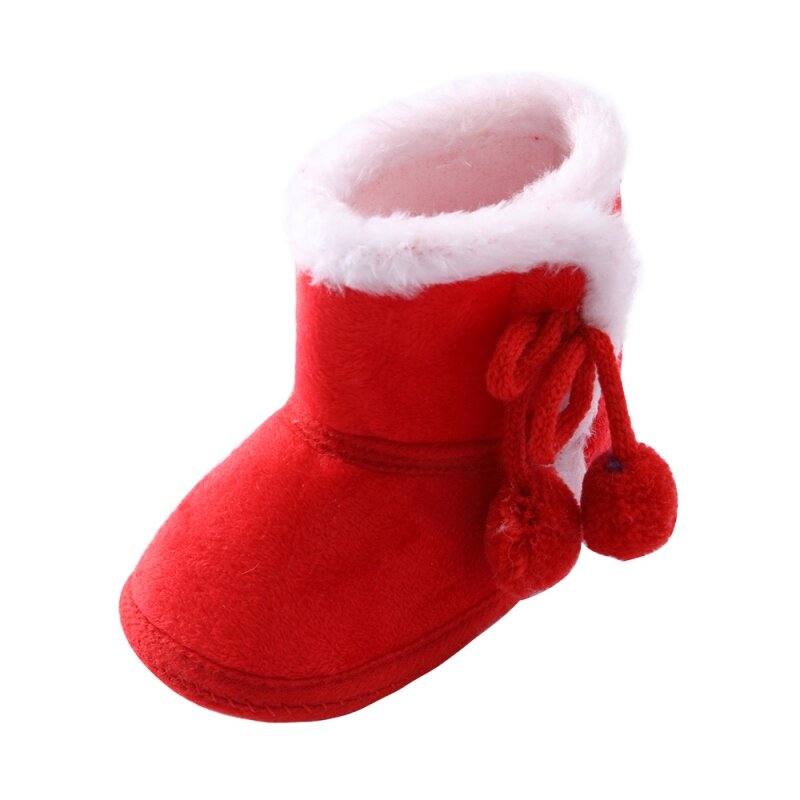 Weixinbuy Toddler Baby Solid Color Plus Velvet Cotton Shoes Newborn Double Pompom Soft Sole Snow Boots Infant First Walker