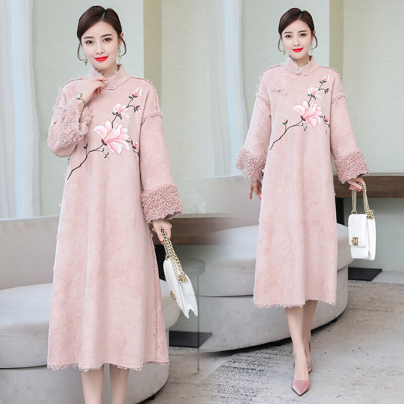 Strój Tang jesienno-zimowy w stylu chińskim pogrubiony ciepło ulepszona sukienka Hanfu
