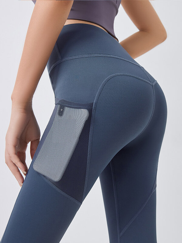 Tasche per pantaloni da Yoga fondo per sollevamento dell'anca vestiti per Yoga ad asciugatura rapida tasche laterali in Mesh elasticizzato traspirante pantaloni da corsa per Fitness