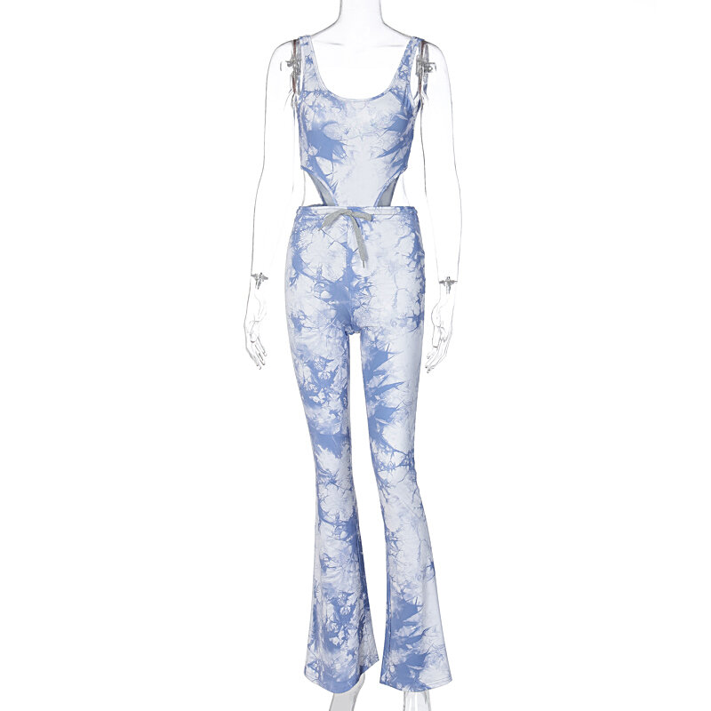 2020 민소매 넥타이 염색 섹시한 바디 슈트 레깅스 2 피스 세트 가을 겨울 여성 패션 streetwear tracksuit