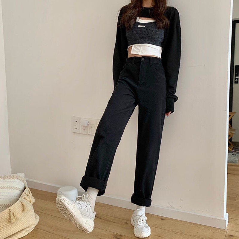 Spring Women Jeans Straight Trousers Vintage High Waist All-match Loose Denim Pants Retro Loose Trousers Full-length Jeans