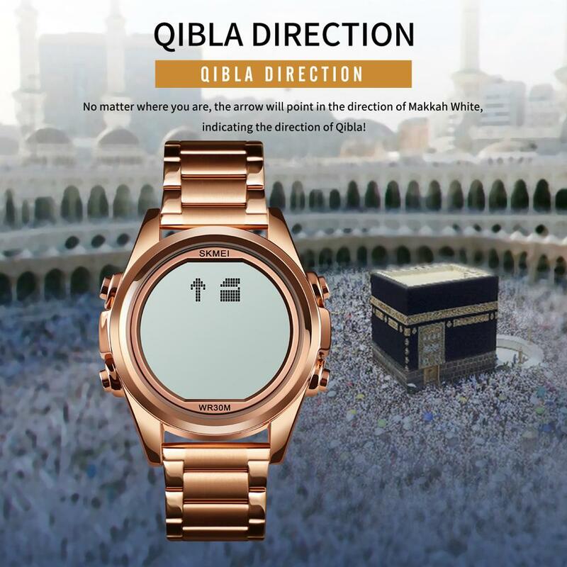 Skmei relógio muçulmano qibla, relógio de pulso tempo de lembrete nmane, bússola qibla, relógio de pulso analógico para crianças islâmicas ramadã