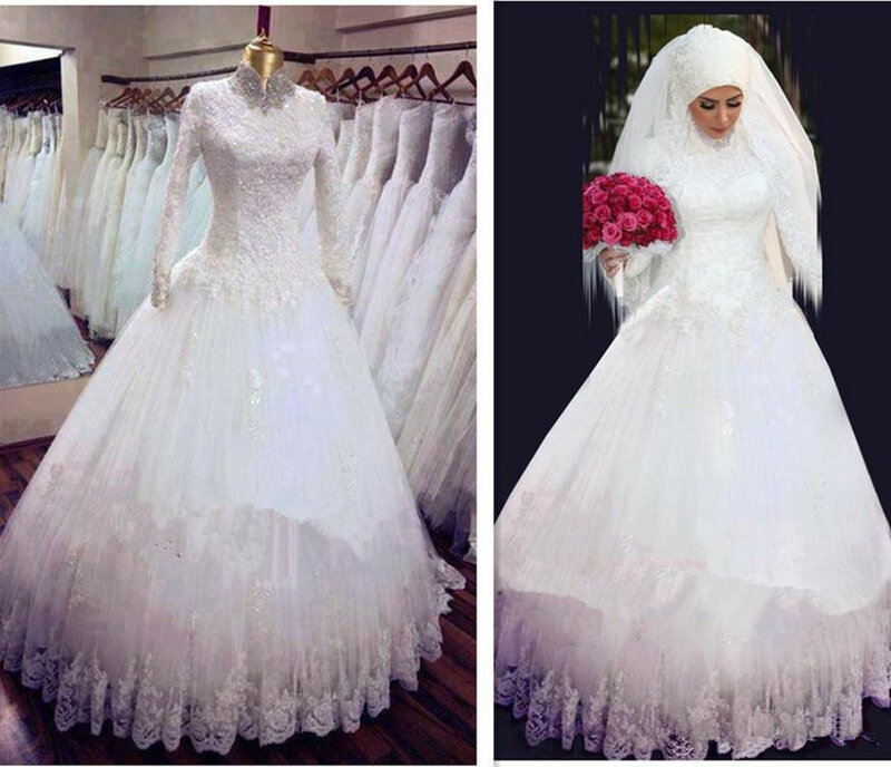 Uma linha frisada cristais alta pescoço manga longa renda lantejoulas apliques até o chão muçulmano vestido de noiva 2018