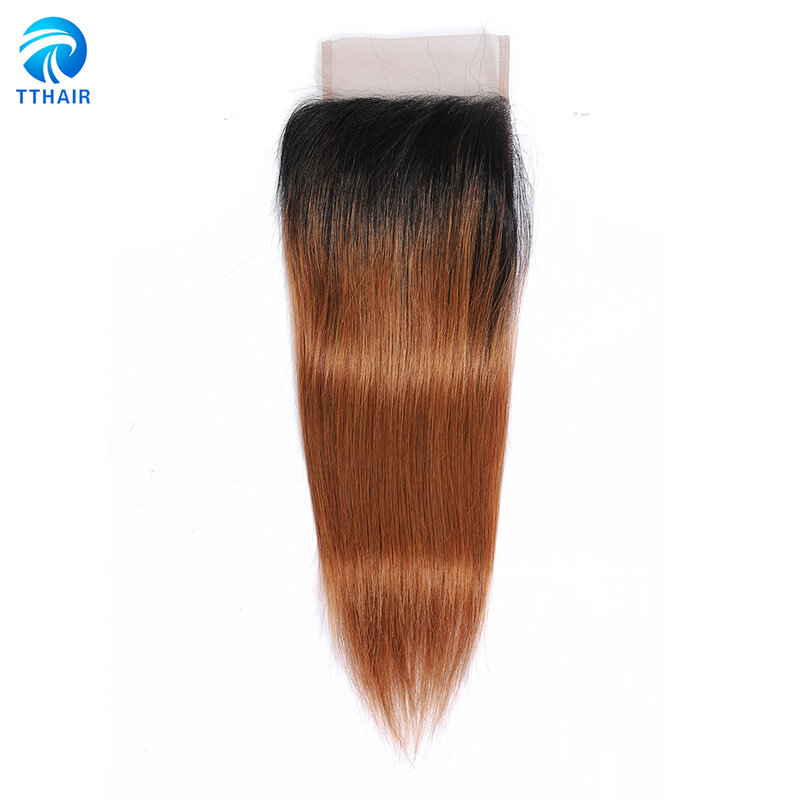 Tthair-aplique de cabelo humano brasileiro, liso, com fecho, ombré, duas cores, marrom, trama, ombre1b30, closure4 * 4