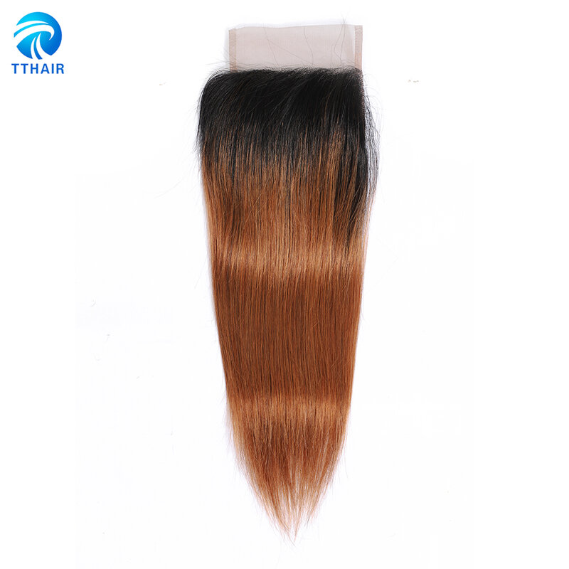 TTHAIR Bundel Jalinan Rambut Manusia Lurus Brasil dengan Penutup Ombre Dua Warna Nada Coklat Penawaran Pakan Ombre1b30 Closure4 * 4