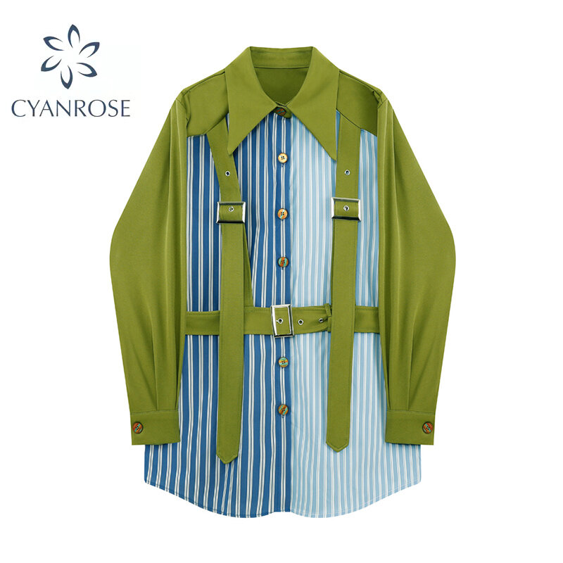 بلوزة نسائية تصميم هاراجوكو أنيق مخطط مزين بأكمام طويلة وياقة واحدة بصدر واحد قمصان فضفاضة قميص خريف 2021 جديد