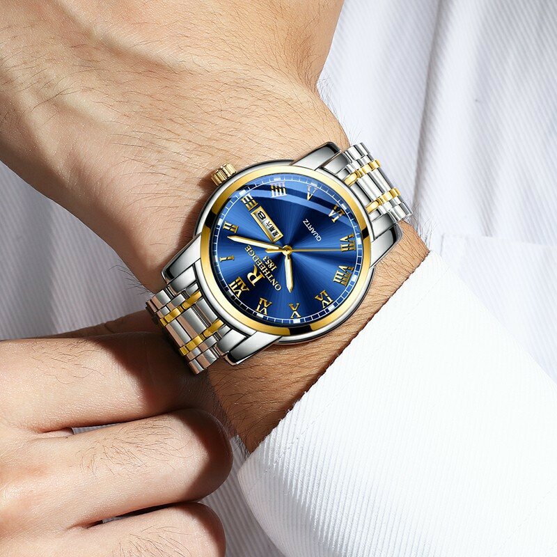 Часы Ruizhiyuan แถบเหล็กนาฬิกาผู้ชายผู้หญิงของแท้นาฬิกาควอตซ์-Pin Non-Mechanical นาฬิกา