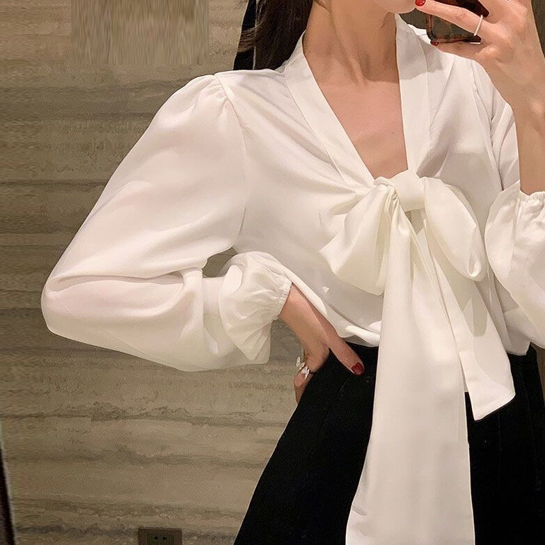 2021 new shirt bowknot women's trendy long-sleeved ladies with V-neck uniform loose spring shirt women Casual Silk Bow