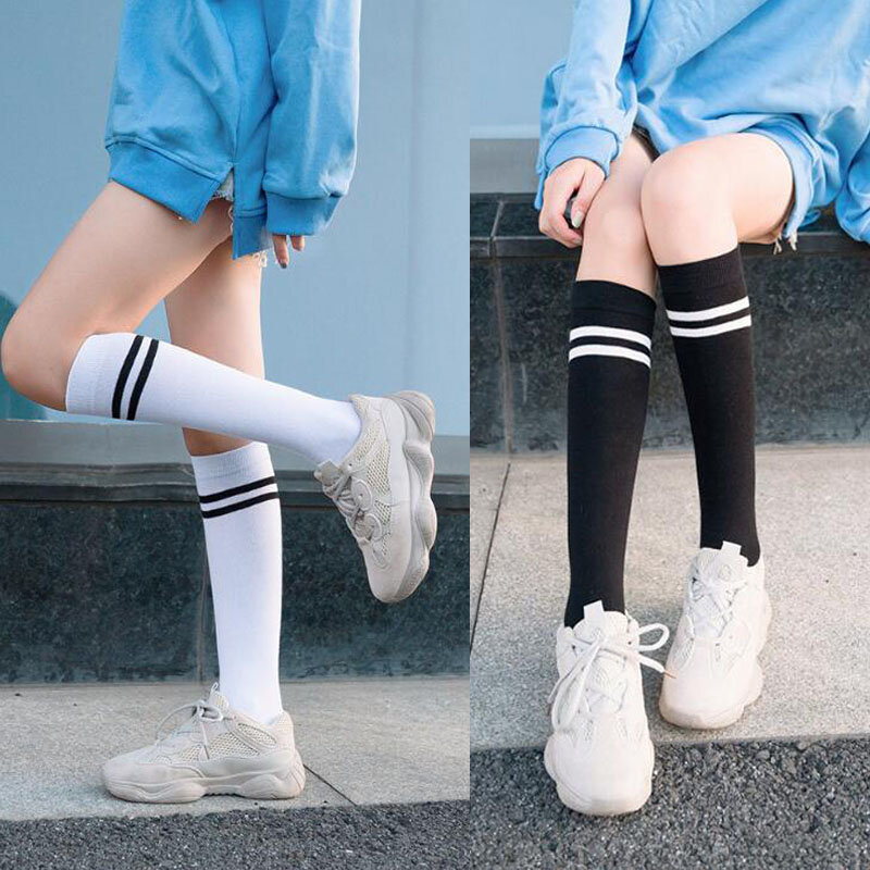 Calcetines largos a rayas para mujer, medias hasta el muslo, cálidas, hasta la rodilla, color negro, nueva moda