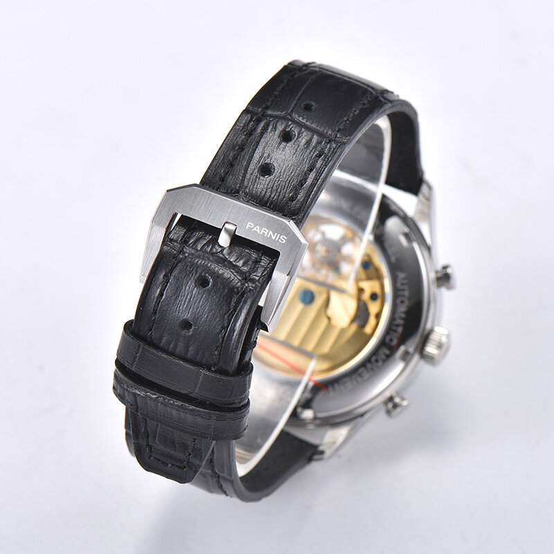 Parnis 43Mm Silver Case นาฬิกาผู้ชายอัตโนมัติ Perpetual ปฏิทินหนังสายหนังสีดำชายนาฬิกา2020ยี่ห้อ