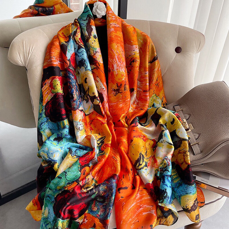 2021 женский Шелковый зимний шарф, роскошный дизайн, женская пляжная шаль с принтом, шарфы, модный гладкий платок, Женский хиджаб