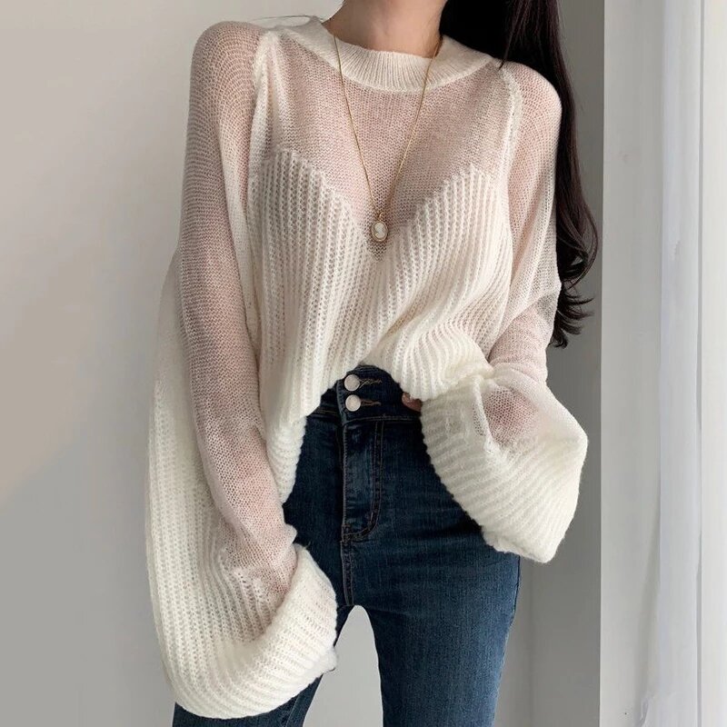 마이크로 투명 스웨터 숙녀 2021 가을 기질 둥근 목 느슨한 얇은 바느질 디자인 랜턴 슬리브 풀오버