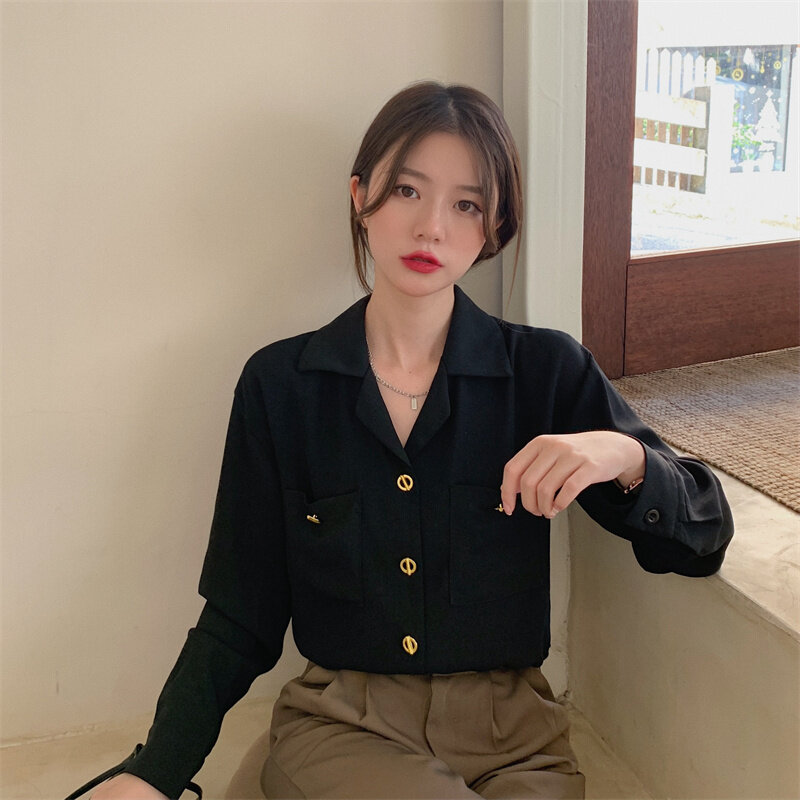 Suit Collar Shirt Autumn 2021 New Hong Kong Salt Design Sense Black Fashion Long Sleeve Top Women's Wear
