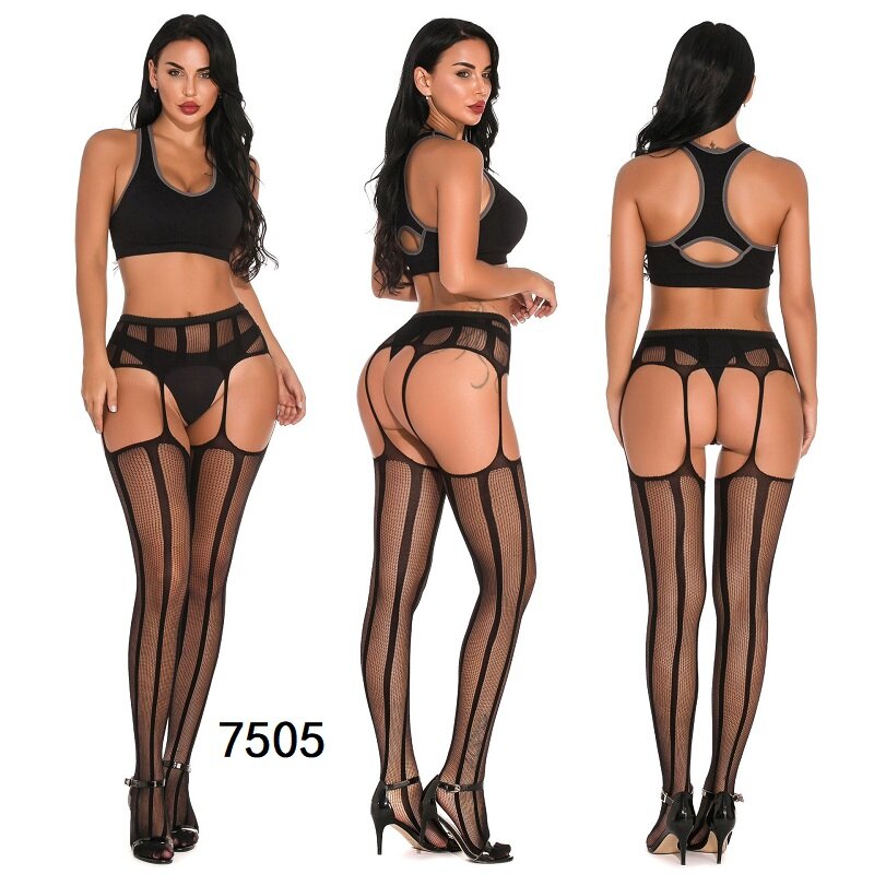 Women Sexy Lingerie Stockings Black Fishnet Tights Transparent Crotchless Pantyhose      Thigh High Elastic Embroidery Stockings
