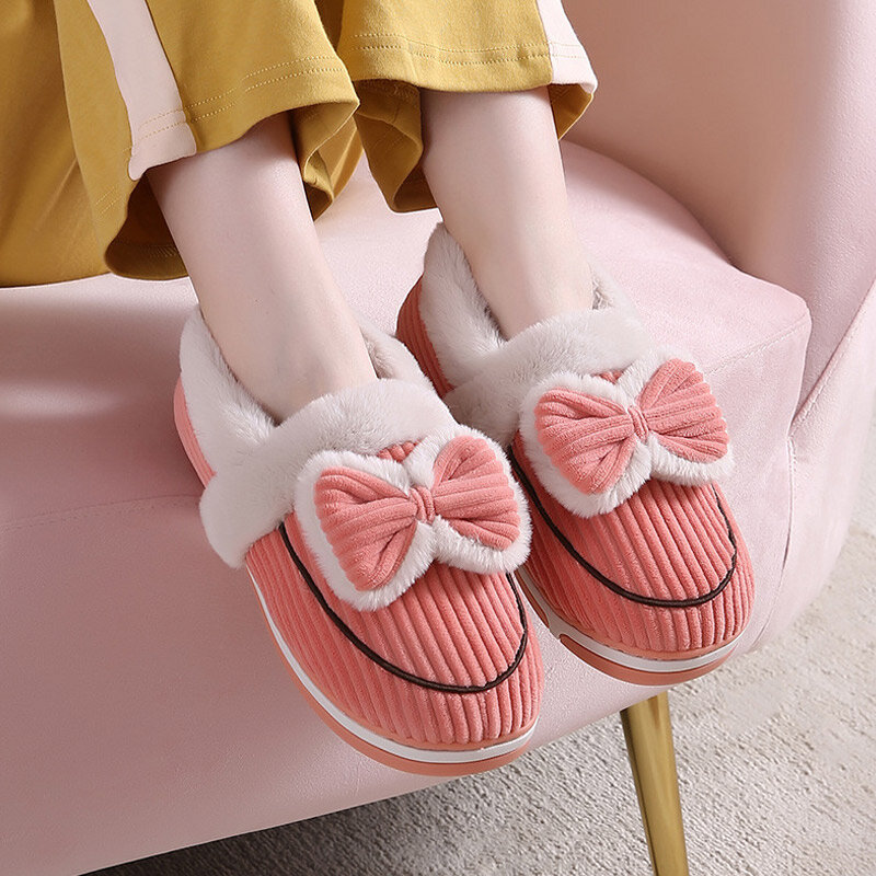 Women Home Slippers Winter Bowknot Furry Warm Ladies Shoes Indoor Non-slip Soft House Couple Slipper Bedroom Female Footwear