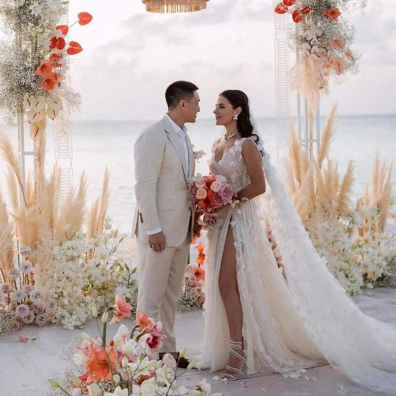 Vestido de casamento de praia beading lantejoulas foral flores dividir com decote em v branco laço boho sparkly vestidos de noiva para mulher robe de mariée