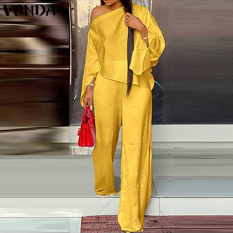 솔리드 컬러 탑스와 바지 VONDA 2021 여성 캐주얼 긴 소매 세트 궁전 바지 숙녀 가을 투피스 세트 Streetwears
