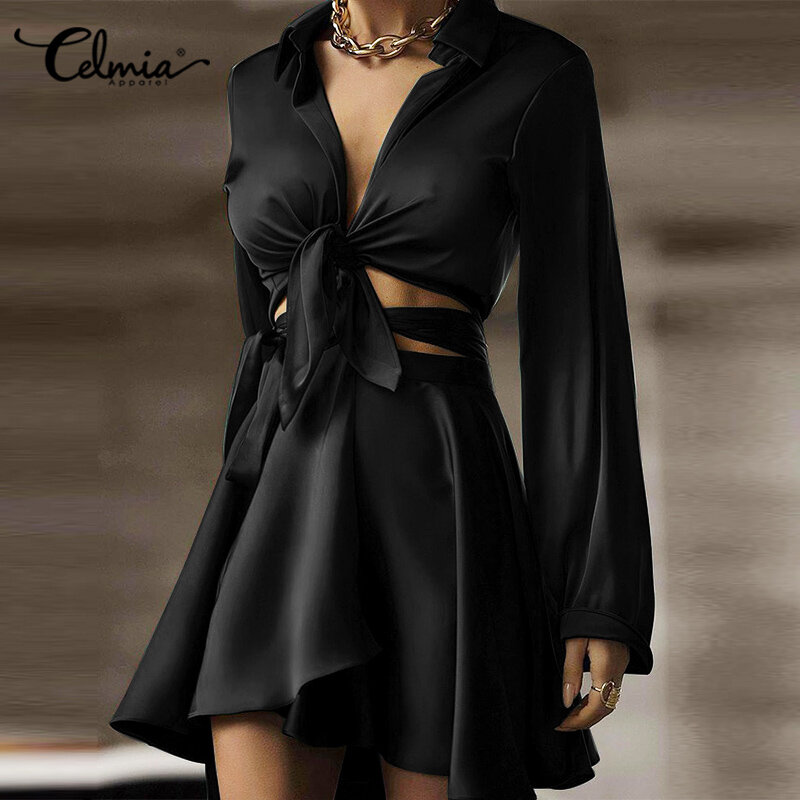 Celmia – robe en soie pour femmes, ensemble 2 pièces, élégant, chemise à manches longues, Mini jupe, Bandage, fête, été, 2022