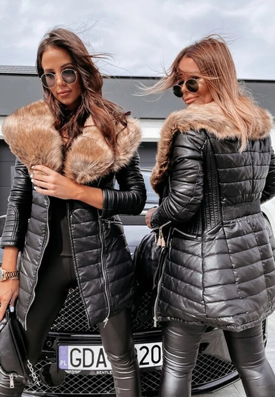 Jaqueta feminina de pele do falso manga comprida com zíper jaquetas inverno quente ao ar livre longo plus size parka casaco outerwear S-5XL 2021 novo