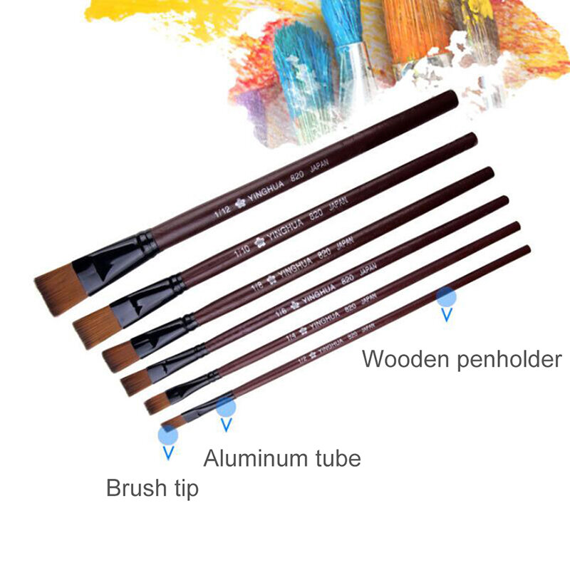 Pincel de pintura a óleo acrílica de 6 tamanhos com fios de nylon plano para pintura a óleo de cabelo, materiais artísticos