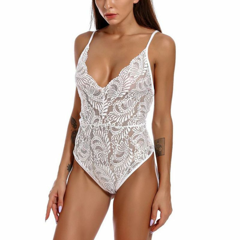 Frauen Spitze Nähte Mesh Tiefe V One Piece Unterwäsche Pyjamas Einstellbar Sexy Body