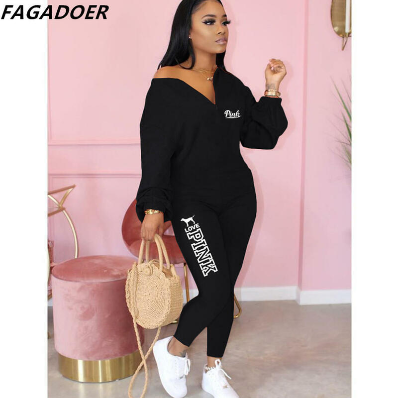 FAGADOER Women Casual PINK Letter Print Outfits One Piece Jumpsuits Playsuits Female V Neck Long Sleeve Overalls Sportwear 2022