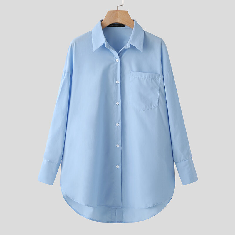 플러스 사이즈 숙녀 단추 위로 Celmia 패션 여성 옷깃 블라우스 2022 캐주얼 긴 소매 Blusas 스플릿 밑단 비대칭 셔츠