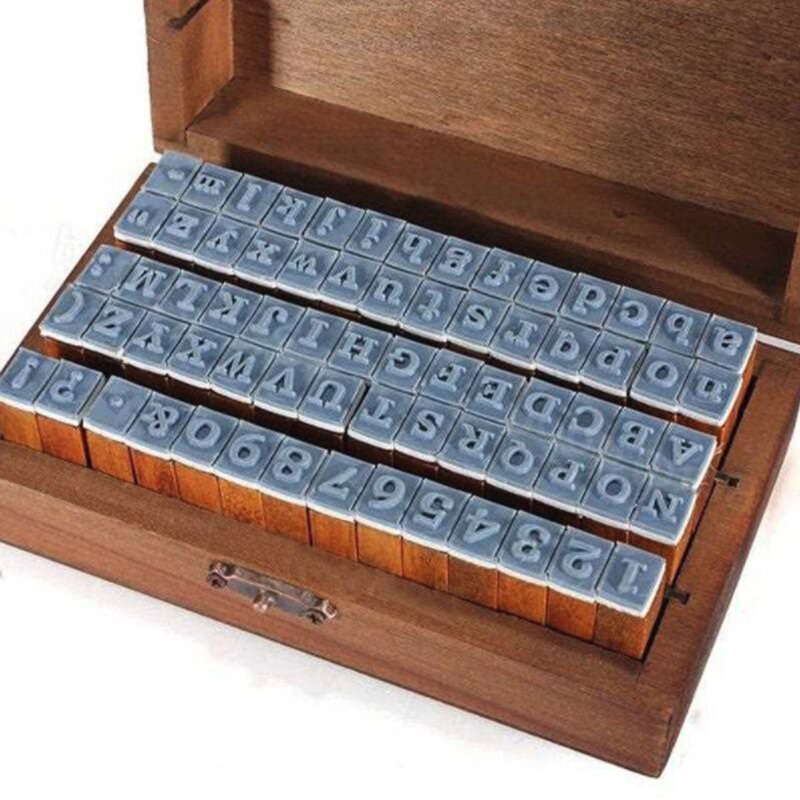 70PCS DIY Number Alphabet Letter Stamps Set With Wooden Box School Supplies Vintage Wooden Rubber Stamps For Scrapbooking