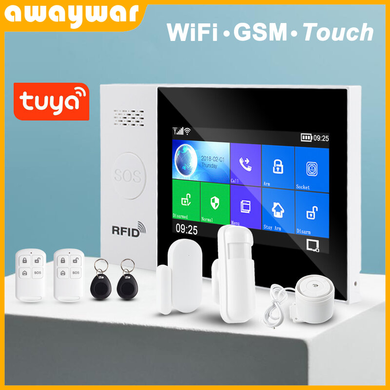 Awaywar-Tuya Segurança Doméstica Sistema de Alarme Inteligente, Kit Roubo, Wi-Fi, GSM, Tela de Toque, Compatível com Tuya IP Camrea