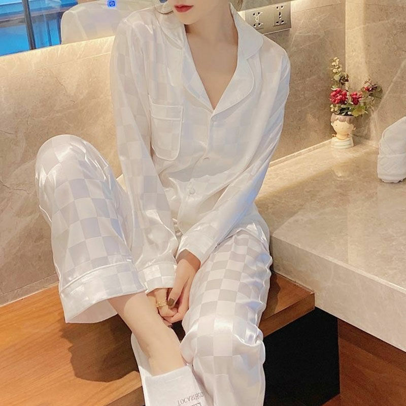 Light luxury silk women's pajamas spring and autumn long sleeved cardigan suit ins fashion ice silk home clothes