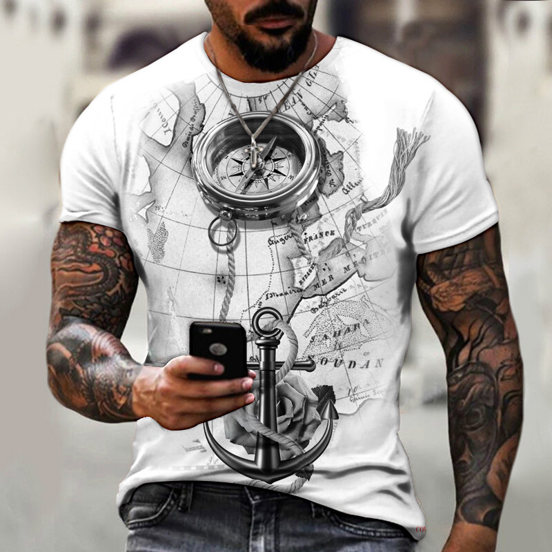 Новинка 2021, мужская летняя футболка с 3D-принтом компаса, футболка большого размера в стиле хип-хоп, футболка в стиле Креста с коротким рукаво...