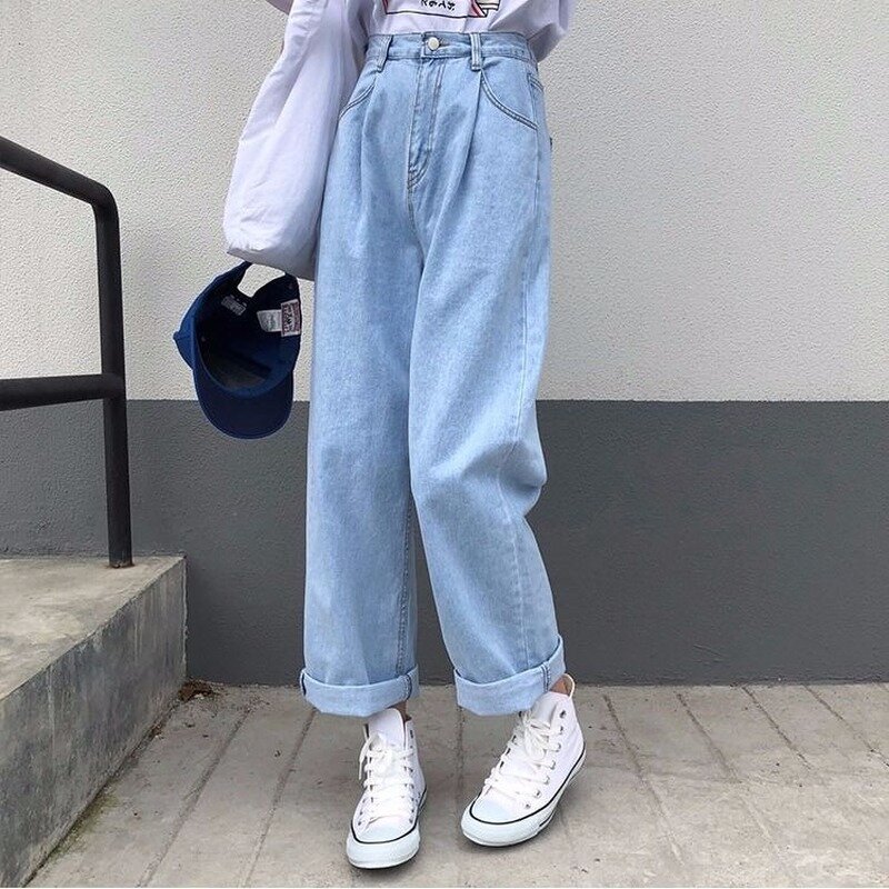Джинсы женские свободные в Корейском стиле, широкие мешковатые джинсы с завышенной талией, модные повседневные брюки в стиле Харадзюку, син...