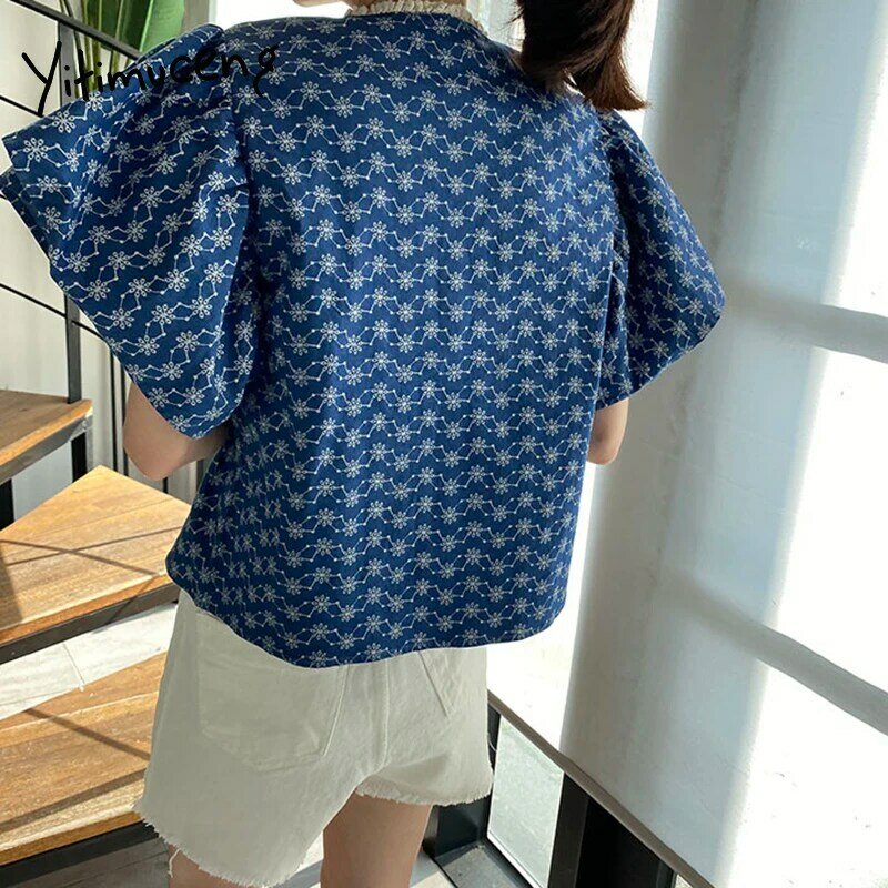 Yitimuceng floral blusa feminina camisas de grandes dimensões coreano moda voar manga escritório senhora luz azul escuro topos 2021 verão