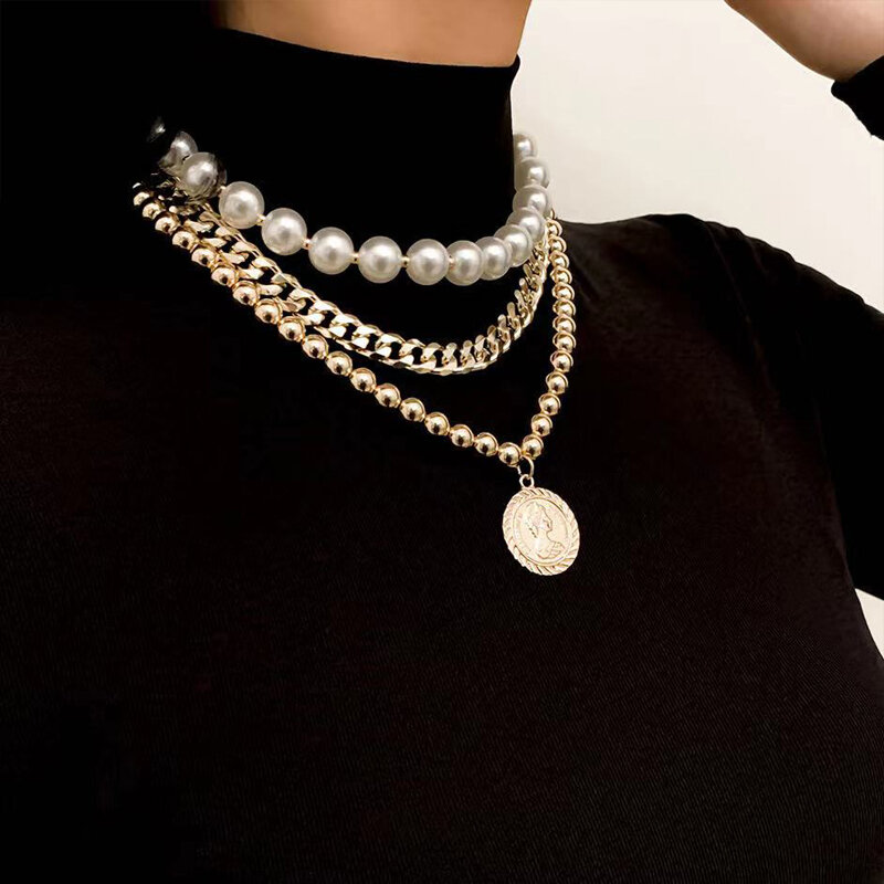 Liwear collana Vintage collana con catena a clavicola di perle per donna moda esagerata collana da donna in lega collana con perline gioielli