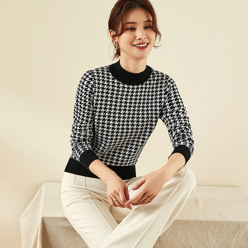 Women's Knitted Top 2021 Autumn New Houndstooth Pullover Loose Long Sleeves Wear Fashion Inner Match Sweater
