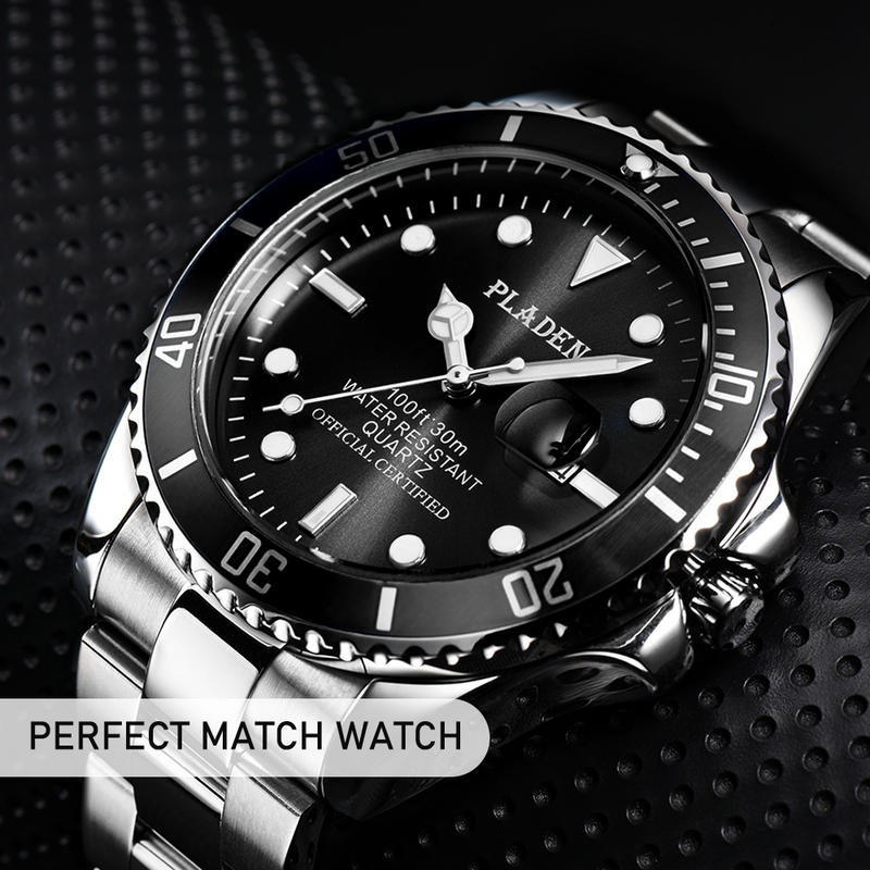 PLADEN Luxury Quartz นาฬิกาผู้ชายสแตนเลสสตีลนาฬิกา30M กันน้ำกันกระแทกกีฬานาฬิกาข้อมือ