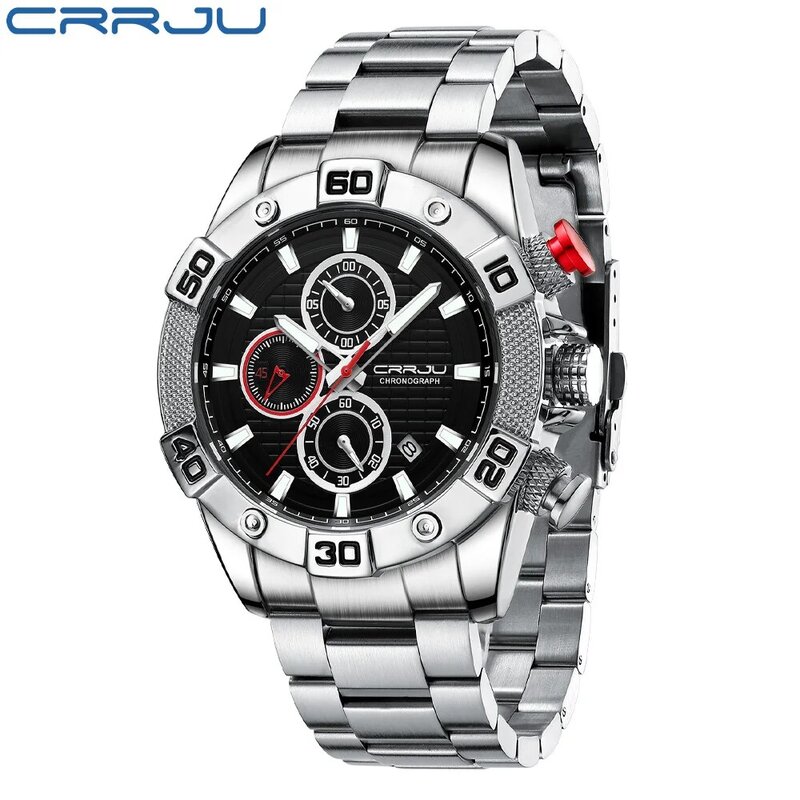 Crrju novos relógios masculinos topo da marca de luxo cronógrafo quartzo com aço inoxidável waterpoof relógio pulso relogio masculino