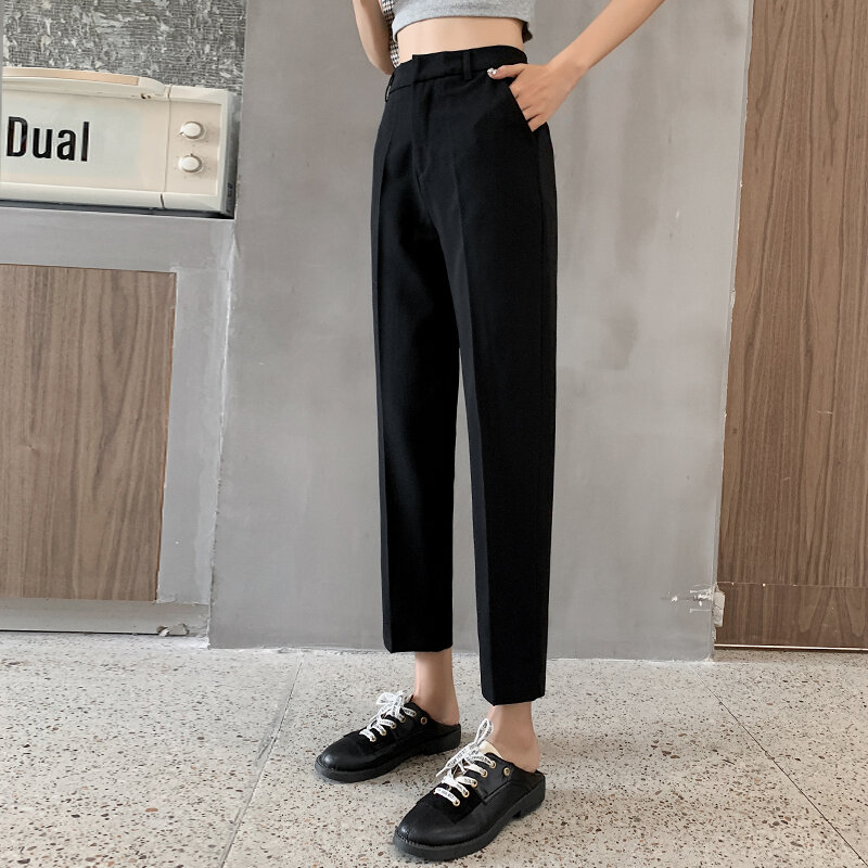 Calça de cintura alta feminina casual, nova calça lápis reta solta preta 651j, verão, outono 2020