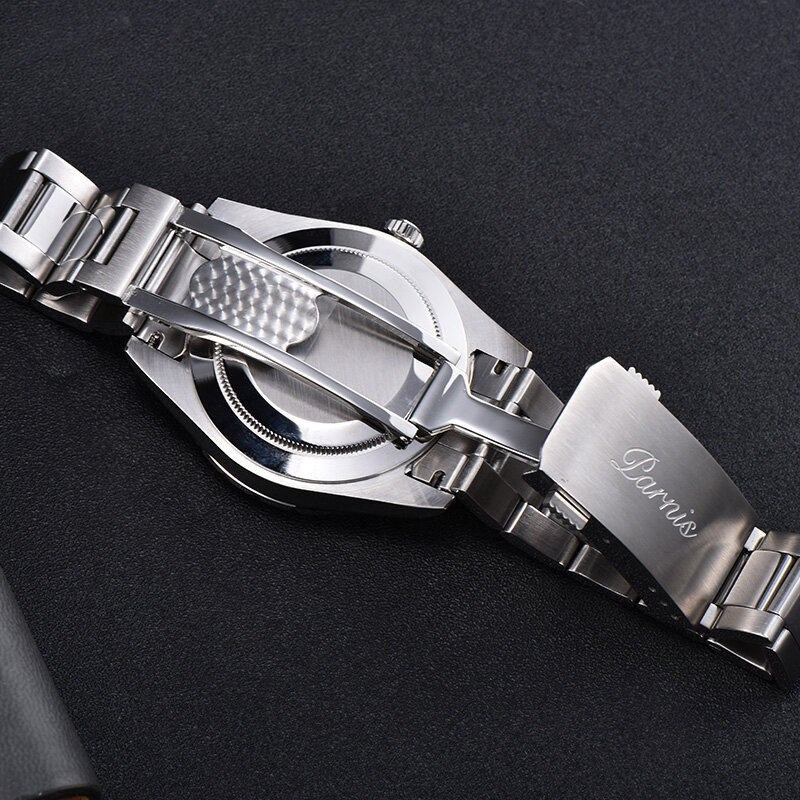 Novo parnis mostrador azul escala romana mecânica automática dos homens relógio de prata aço inoxidável pulseira relógios masculinos moda masculina