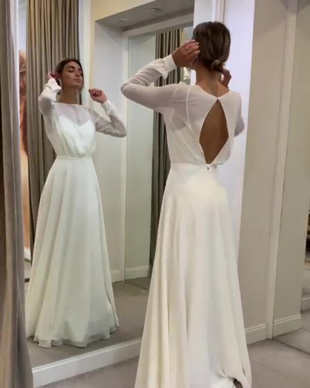 2021 Bohemian Simple Long Sleeve Wedding Dress A Line Open Back Modest Plus Size Custom Made Women Chiffon Bridal Gowns