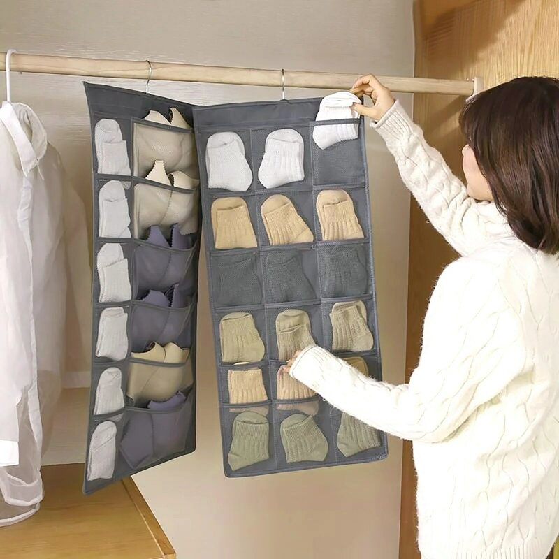 Double-sided Hanging Bag Folding Clothing Storage Bag Clear Socks Bra Underwear Rack Hanger Storage Bag Organizer For Wardrobe