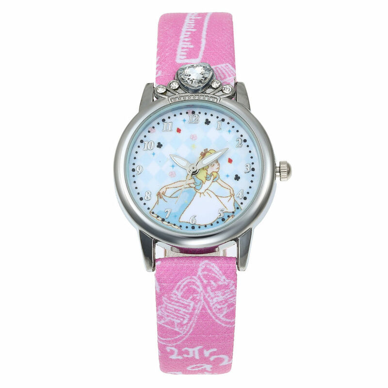 Relógio infantil cinderela, relógio de pulso analógico rosa de couro com diamante