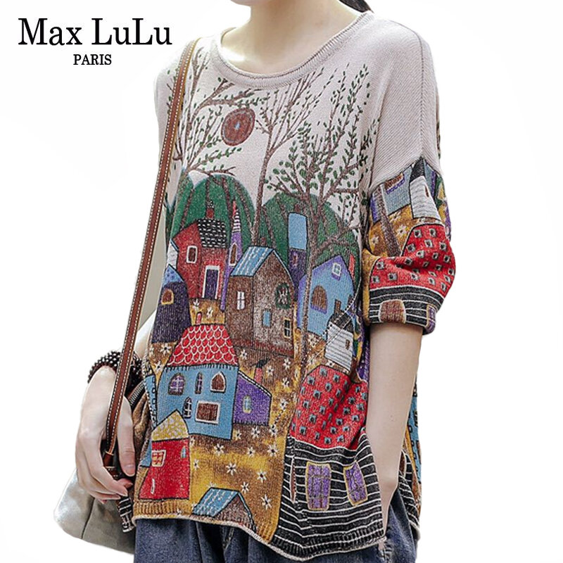 Max LuLu 2020 Korea Fashion Baru Laies Vintage Dicetak Sweater Wanita Kasual Longgar Rajutan Pullovers Wanita Streetwear Jumper