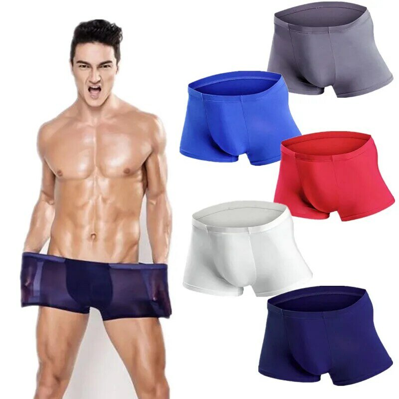 Sexy men secagem rápida ultra-fino stealth nenhum traço respirável gelo seda cueca boxers de seda gelo u convexo bolsa shorts calcinha