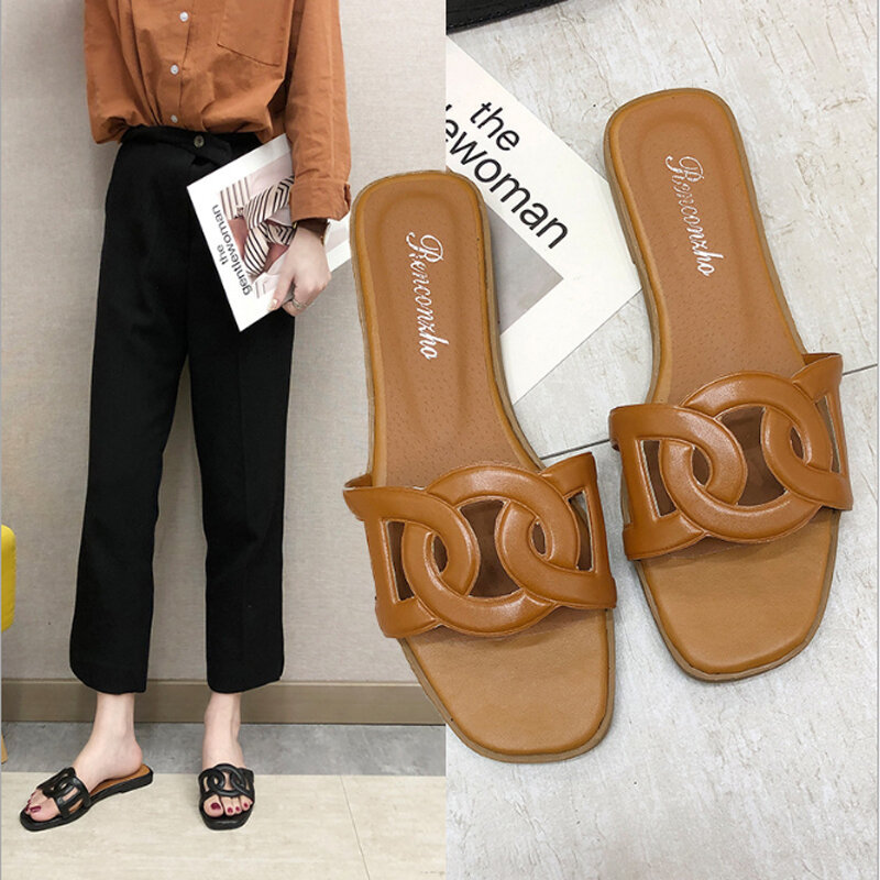 2020 New Style H Sandals Roe Drag A- line WOMEN'S Summer Diamond Shuanghuan Genuine Leather Hollow Pearl Decoration Slides