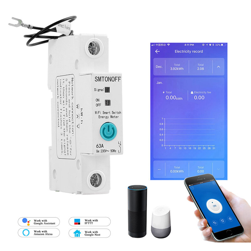 EWelink-Medidor de energía inteligente 1P monofásico, rail Din, WIFI, consumo de energía en kWh, vatímetro con Alexa y google para