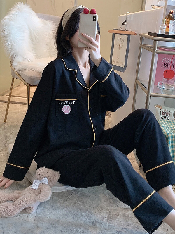 Pajamas Autumn and Winter  Women's Spring and Autumn Cotton Long Sleeve Lovely Home Clothes Two-piece Suit Net Red