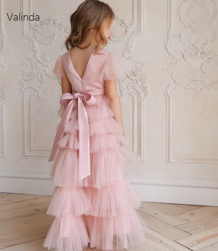 A-line Tiered Girl Pageant Dresses with Sash Long Formal Occasion Birthday Party Gowns