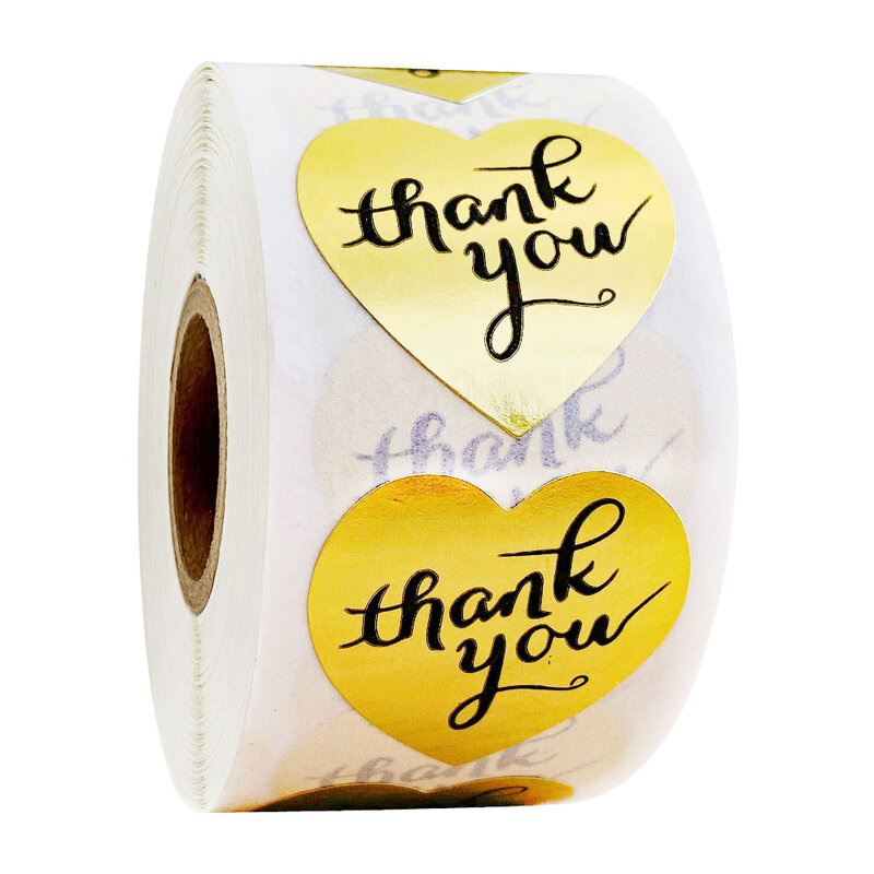 500Pcs/Roll Thank You Stickers 1 inch Gold Heart Shape For Wedding Pretty Gift Cards Envelope Stationery Sealing Label Stickers