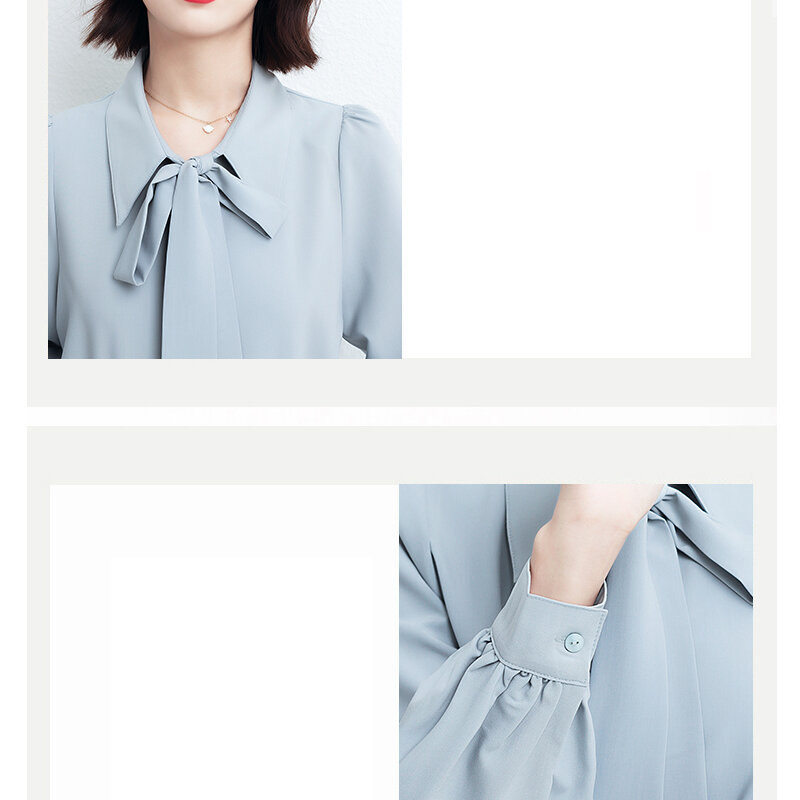 Atasan dan Blus Wanita Musim Gugur Kemeja Longgar Lengan Panjang Blus Sifon Kerah Pita Korea Longgar Mode